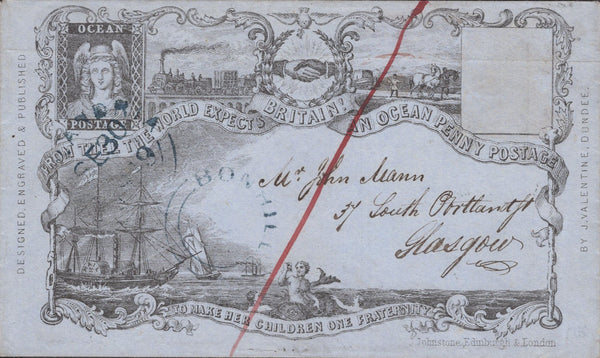 141370 1849 J VALENTINE ILLUSTRATED 'OCEAN PENNY POSTAGE' PRINTED ENVELOPE ALEXANDRIA TO GLASGOW, POST PAID IN CASH.