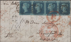 141375 1853 MAIL MANCHESTER TO FRANKFURT 2D IMPERFORATE BLUE PL.4 (SG14) X 4.