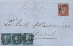 141384 1850 REGISTERED MAIL LEEDS TO KENDAL WITH 1D IMPERF (SG8) AND STRIP OF THREE 2D BLUE (SG14).