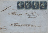 141386 1855 MAIL LONDON TO AMSTERDAM WITH STRIP OF FOUR 2D BLUE PL.4 S.C.14 (SG23).