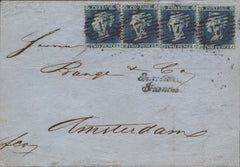 141386 1855 MAIL LONDON TO AMSTERDAM WITH STRIP OF FOUR 2D BLUE PL.4 S.C.14 (SG23).