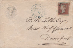 141387 1842 1D PINK BODMIN TO TRURO CANCELLED BLACK MALTESE CROSS, TURNED AND REUSED TRURO TO DEVONPORT WITH 1D (SG8) BLUE MALTESE CROSS.