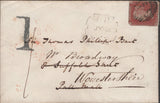 141388 1853 MAIL USED IN LONDON REDIRECTED TO BROADWAY, WORCS WITH 1D (SG8) AND HANDSTAMP '1' CHARGEMARK.