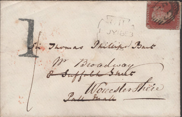 141388 1853 MAIL USED IN LONDON REDIRECTED TO BROADWAY, WORCS WITH 1D (SG8) AND HANDSTAMP '1' CHARGEMARK.