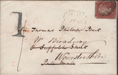 141388 1853 MAIL USED IN LONDON REDIRECTED TO BROADWAY, WORCS WITH 1D (SG8) AND HANDSTAMP '1' CHARGEMARK.