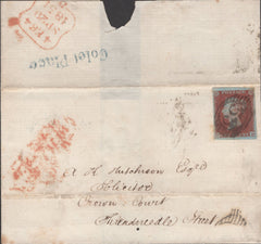 141389  1851 MAIL USED IN LONDON 1D PL.112 (SG8) AND 'Colet Place' LONDON RECEIVERS HANDSTAMP.