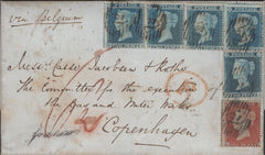 141391 1854 MAIL LONDON TO COPENHAGEN WITH 2D BLUE (SG19) X FIVE AND 1D (SG17).