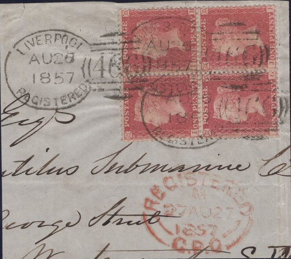 141393 1857 PIECE BLOCK OF FOUR (SG40) 'LIVERPOOL REGISTERED/466' SPOON CANCELLATIONS (RA71).