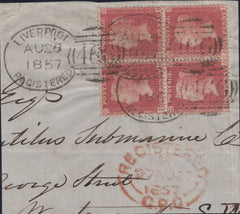 141393 1857 PIECE BLOCK OF FOUR (SG40) 'LIVERPOOL REGISTERED/466' SPOON CANCELLATIONS (RA71).