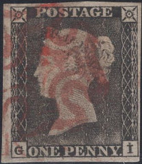 141395 1840-1841 MATCHED TRIO 1D GREY-BLACK PL.1A (SG3) 1D BLACK PL.1B (SG2) AND 1D RED (SG7) ALL LETTERED GI AND SHOWING CONSTANT VARIETY 'DOUBLE LETTER 'I', THE TWO PLATE 1B BOTH HORIZONTAL PAIRS.