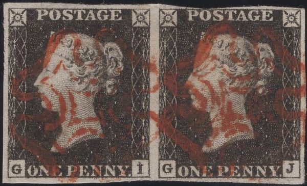 141395 1840-1841 MATCHED TRIO 1D GREY-BLACK PL.1A (SG3) 1D BLACK PL.1B (SG2) AND 1D RED (SG7) ALL LETTERED GI AND SHOWING CONSTANT VARIETY 'DOUBLE LETTER 'I', THE TWO PLATE 1B BOTH HORIZONTAL PAIRS.
