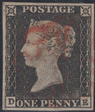 141396 1840-1841 MATCHED QUARTET 1D BLACK PL.1A (SG2) PLATE 1B (SG2) X 2 AND 1D RED (SG7) ALL LETTERED DE, THE THREE PLATE 1B CONSTANT VARIETY 'ROLLER FLAW NW SQUARE (AS5k/Spec AS7k)'.