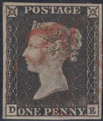 141396 1840-1841 MATCHED QUARTET 1D BLACK PL.1A (SG2) PLATE 1B (SG2) X 2 AND 1D RED (SG7) ALL LETTERED DE, THE THREE PLATE 1B CONSTANT VARIETY 'ROLLER FLAW NW SQUARE (AS5k/Spec AS7k)'.