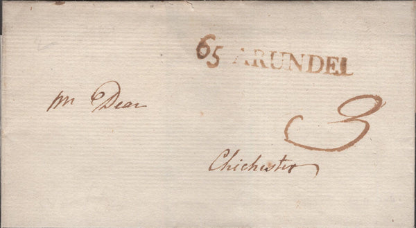 141403 1786 MAIL ARUNDEL, SUSSEX TO CHICHESTER WITH '65 ARUNDEL' FIRST TYPE MILEAGE MARK (SE8).