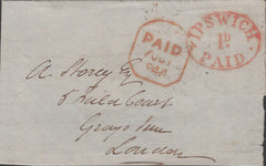 141404 1844 MAIL IPSWICH TO LONDON WITH 'IPSWICH/1D./PAID' UNIFORM PENNY POST HANDSTAMP (SK215).