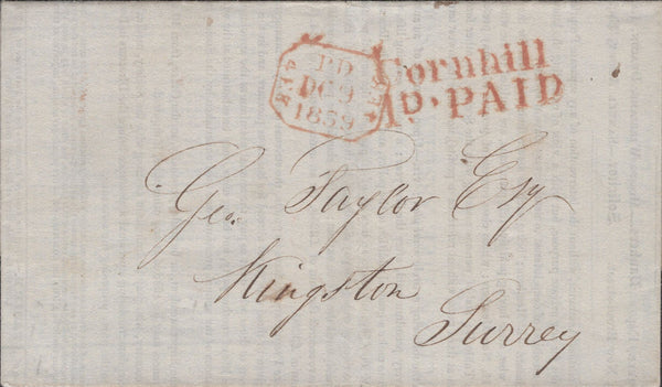 141405 1839 UNIFORM FOURPENNY POST LONDON TO SURREY PAYING 1D RATE.