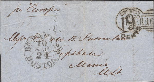 141415 1857 MAIL LIVERPOOL TO MAINE, USA WITH 'LIVERPOOL/466' SPOON TYPE B8 (RA26).