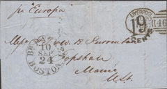 141415 1857 MAIL LIVERPOOL TO MAINE, USA WITH 'LIVERPOOL/466' SPOON TYPE B8 (RA26).