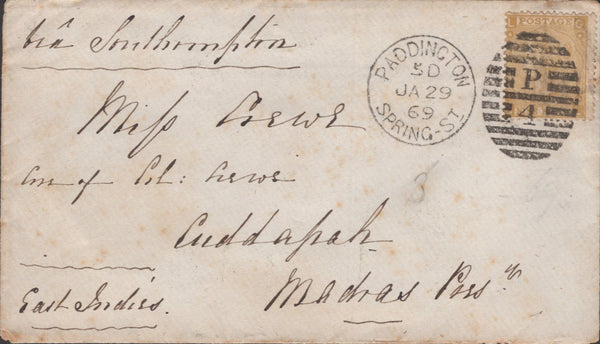 141416 1869 MAIL PADDINGTON, LONDON TO MADRAS WITH 9D STRAW (SG110).