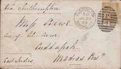 141416 1869 MAIL PADDINGTON, LONDON TO MADRAS WITH 9D STRAW (SG110).
