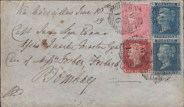 141417 1859 MAIL LONDON TO BOMBAY, 1D (SG40), 2D BLUE PL.7 (SG45) AND 4D ROSE-CARMINE (SG66).