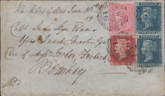 141417 1859 MAIL LONDON TO BOMBAY, 1D (SG40), 2D BLUE PL.7 (SG45) AND 4D ROSE-CARMINE (SG66).