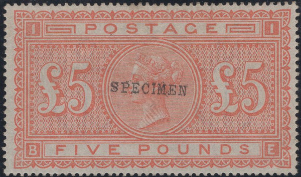 141418 1882 £5 ORANGE ON BLUED PAPER (SG133) OVERPRINTED 'SPECIMEN' TYPE 9 (SPEC J128s).
