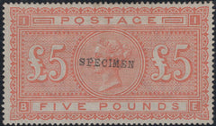 141418 1882 £5 ORANGE ON BLUED PAPER (SG133) OVERPRINTED 'SPECIMEN' TYPE 9 (SPEC J128s).