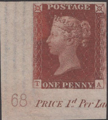 141421 1846 1D PL.68 (SG8) CORNER MARGINAL IMPERFORATE IMPRIMATUR LETTERED TA.