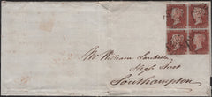 141422 1843 LETTER MARKET HARBOROUGH, LEICS TO SOUTHAMPTON WITH VERY FINE BLOCK OF FOUR 1D PL.27 (SG8).