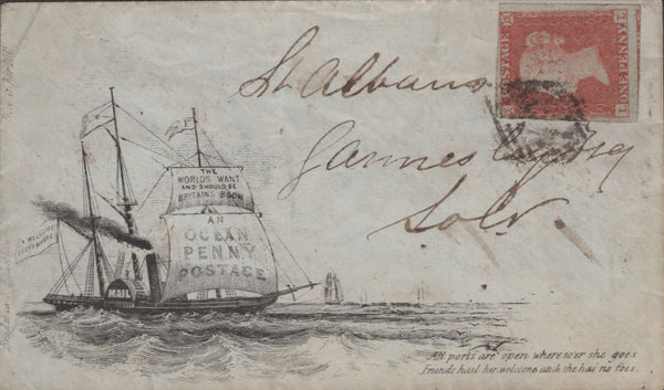 141424 1853 BRADSHAW AND BLACKLOCK 'OCEAN PENNY POSTAGE' ENVELOPE USED HATFIELD TO ST. ALBANS WITH 1D IMPERF (SG8).