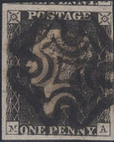141454 1840-1841 MATCHED TRIO 1D BLACK PL.10 (SG2) X 2 AND 1D RED (SG7) LETTERED MA WITH CONSTANT VARIETIES.