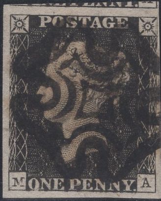 141454 1840-1841 MATCHED TRIO 1D BLACK PL.10 (SG2) X 2 AND 1D RED (SG7) LETTERED MA WITH CONSTANT VARIETIES.