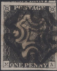 141454 1840-1841 MATCHED TRIO 1D BLACK PL.10 (SG2) X 2 AND 1D RED (SG7) LETTERED MA WITH CONSTANT VARIETIES.