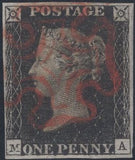 141454 1840-1841 MATCHED TRIO 1D BLACK PL.10 (SG2) X 2 AND 1D RED (SG7) LETTERED MA WITH CONSTANT VARIETIES.