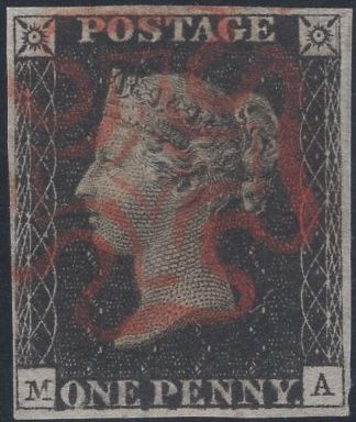 141454 1840-1841 MATCHED TRIO 1D BLACK PL.10 (SG2) X 2 AND 1D RED (SG7) LETTERED MA WITH CONSTANT VARIETIES.