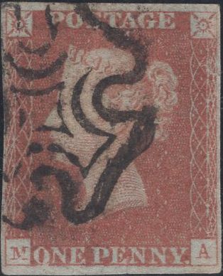 141454 1840-1841 MATCHED TRIO 1D BLACK PL.10 (SG2) X 2 AND 1D RED (SG7) LETTERED MA WITH CONSTANT VARIETIES.