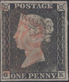 141456 1840 MATCHED PAIR 1D GREY-BLACK PL.1A (SG3) AND 1D BLACK PL.1B (SG2) LETTERED GK, PL.1B SHOWING 'TWISTED RE-ENTRY' (SPEC AS5d).