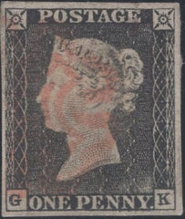 141456 1840 MATCHED PAIR 1D GREY-BLACK PL.1A (SG3) AND 1D BLACK PL.1B (SG2) LETTERED GK, PL.1B SHOWING 'TWISTED RE-ENTRY' (SPEC AS5d).