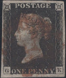 141456 1840 MATCHED PAIR 1D GREY-BLACK PL.1A (SG3) AND 1D BLACK PL.1B (SG2) LETTERED GK, PL.1B SHOWING 'TWISTED RE-ENTRY' (SPEC AS5d).