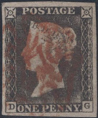 141458  1840-1841 MATCHED TRIO 1D GREY-BLACK PL.1A (SG3), 1D BLACK PL.1B (SG2) AND 1D RED PL.1B (SG7)  ALL LETTERED DG, PLATE 1B's SHOWING ROLLER FLAW (SPEC AS5k/AS7k).