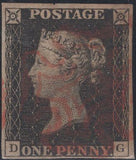 141458  1840-1841 MATCHED TRIO 1D GREY-BLACK PL.1A (SG3), 1D BLACK PL.1B (SG2) AND 1D RED PL.1B (SG7)  ALL LETTERED DG, PLATE 1B's SHOWING ROLLER FLAW (SPEC AS5k/AS7k).