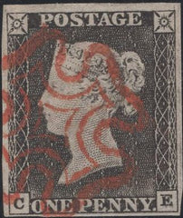141461 1840-1841 MATCHED TRIO 1D GREY-BLACK PL.1A (SG3), 1D BLACK PL.1B (SG2) AND 1D RED (SG7) LETTERED CE.