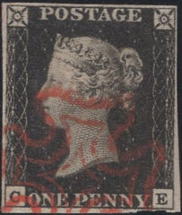 141462 1840-1841 MATCHED PAIR 1D BLACK PL.2 (SG2) AND 1D RED (SG7) LETTERED CE.
