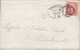 141465 1857 BANKERS MAIL BIRMINGHAM TO BAKEWELL DIE 2 1D PALE RED, SAVOY STREET PRINTING (SPEC C9A(1) 'BIRMINGHAM/75' SPOON TYPE 'B1' FIRST RE-CUT. (RA5).