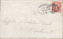141465 1857 BANKERS MAIL BIRMINGHAM TO BAKEWELL DIE 2 1D PALE RED, SAVOY STREET PRINTING (SPEC C9A(1) 'BIRMINGHAM/75' SPOON TYPE 'B1' FIRST RE-CUT. (RA5).