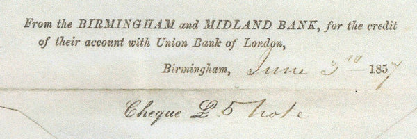 141465 1857 BANKERS MAIL BIRMINGHAM TO BAKEWELL DIE 2 1D PALE RED, SAVOY STREET PRINTING (SPEC C9A(1) 'BIRMINGHAM/75' SPOON TYPE 'B1' FIRST RE-CUT. (RA5).