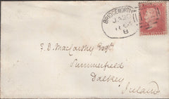 141466 1864 MAIL BRIDGENORTH TO DALKEY, IRELAND WITH DIE 2 1D ROSE-RED ON WHITE PAPER (SG40) 'BRIDGENORTH/122' SPOON CANCELLATION (RA24).