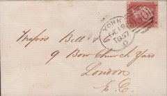 141467  1857 MAIL YORK TO LONDON DIE 2 1D ROSE-RED (SG40) 'YORK/930' SPOON (RA136).