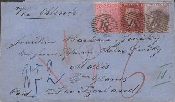 141472 1859 MAIL LONDON TO SWITZERLAND WITH THREE COLOUR COMBINATION 4D CARMINE (SG66) 1D ROSE-RED (SG40) AND 6D LILAC (SG69) PAYING IMPOSSIBLE 10½d RATE.